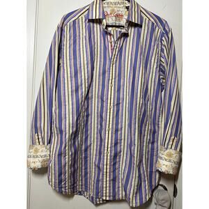Robert Graham Mens Large Multicolor Stripe Button Down Shirt Contrast Cuff